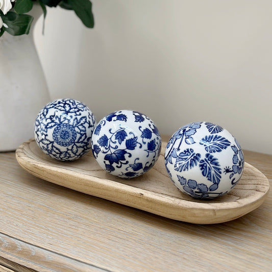 Set Of 3 Sumatra Blue & White Large Decorative Ball