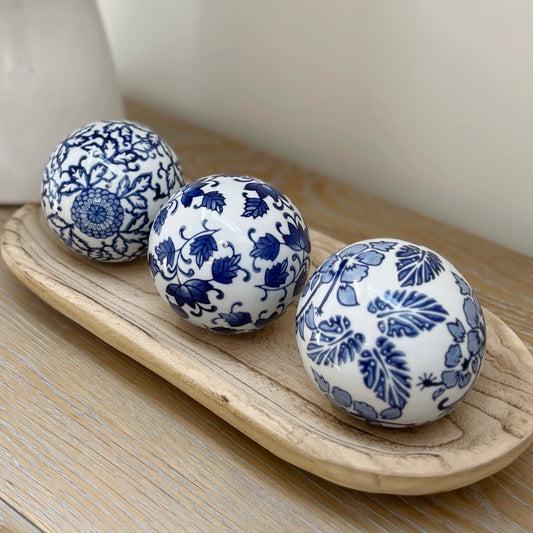 Set Of 3 Sumatra Blue & White Large Decorative Ball